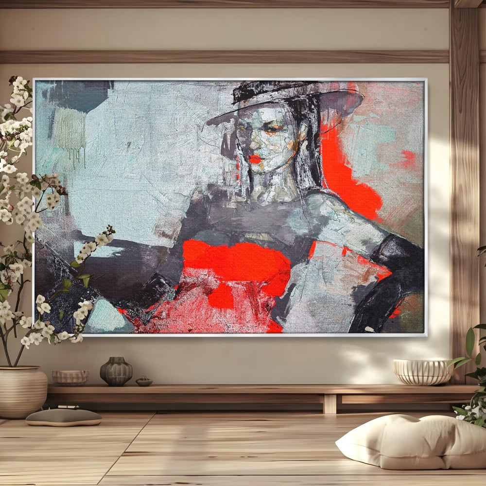 Tablou canvas cu tablou canvas cu portretul unei femei in rosu si negru, in rama de aluminiu argintiu